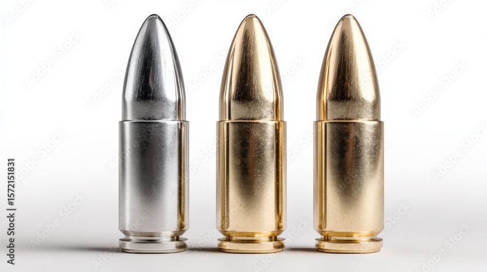 Close-up view of three metallic bullets standing upright with detailed shiny surface reflecting light on a plain white background Close-up view of three metallic bullets standing upright with detailed shiny surface reflecting light on a plain white background