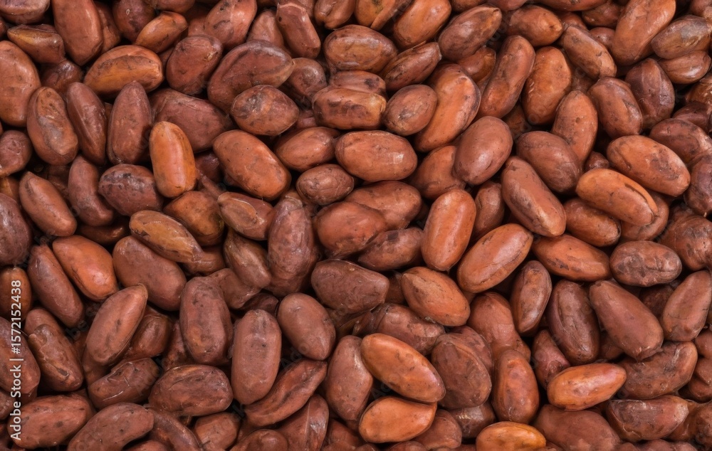 Topdown closeup view of cocoa beans with rough texture, deep brown color, and oval shape, densely packed and overlapping. Topdown closeup view of cocoa beans with rough texture, deep brown color, and oval shape, densely packed and overlapping.