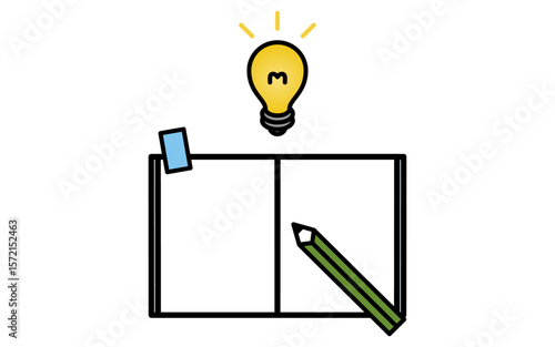 Simple line drawing icon of inspirational image, open book and glowing light bulb