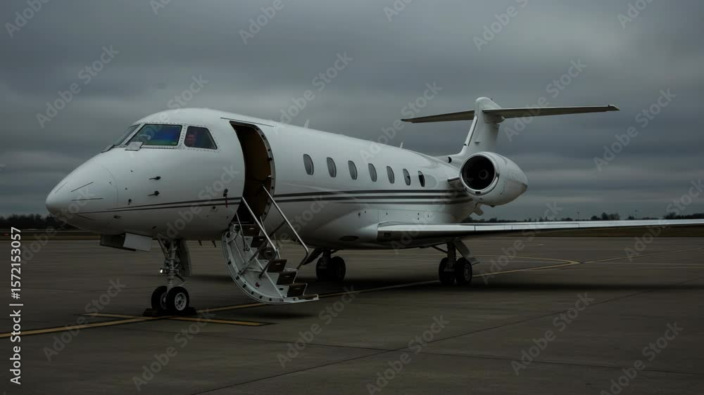 A private jet sits on the tarmac with its door open and stairs extended A private jet sits on the tarmac with its door open and stairs extended