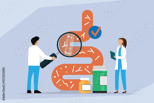 Gut Health and Digestive System Research with Probiotics 2d flat vector illustrations