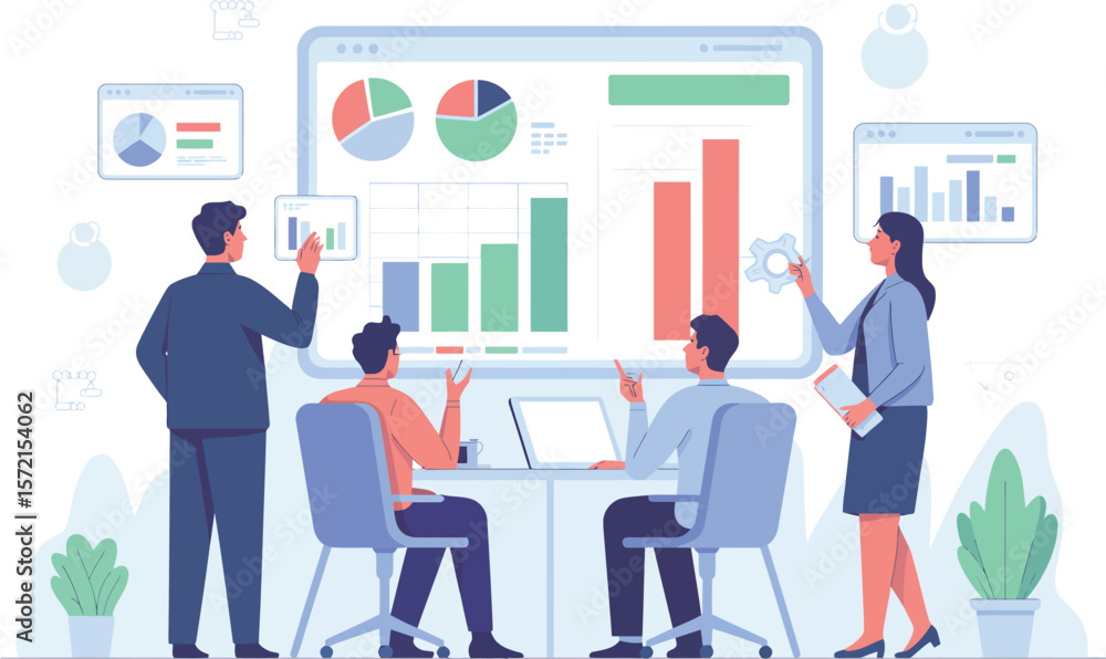 Business team analyzing financial charts and graphs during a meeting presentation. Vector Image, AI Generated Business team analyzing financial charts and graphs during a meeting presentation. Vector Image, AI Generated
