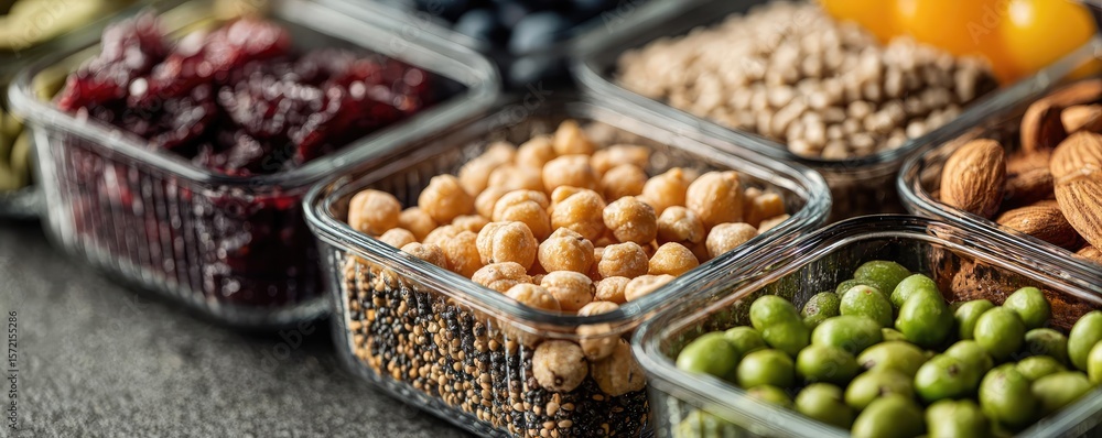 Low glycemic concept. A variety of nuts and seeds in glass containers on a table. Low glycemic concept. A variety of nuts and seeds in glass containers on a table.