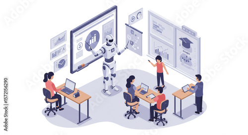 A robot presents data to a group of people in a modern office setting, illustrating collaborative learning and technology integration.