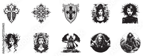Templar Temptation Witch of Apathy Warding The Dragonslayer of Etpyd logo illustration set collection representing mythical heroes and dark enchantments suitable for fantasy narratives roleplaying