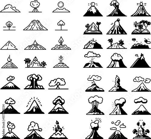 volcano icons, erupting volcano, volcano eruption, volcanic mountain, volcano lava, volcano ash, volcano crater, volcano peak, volcano landscape, volcano explosion, volcano flow, volcan
