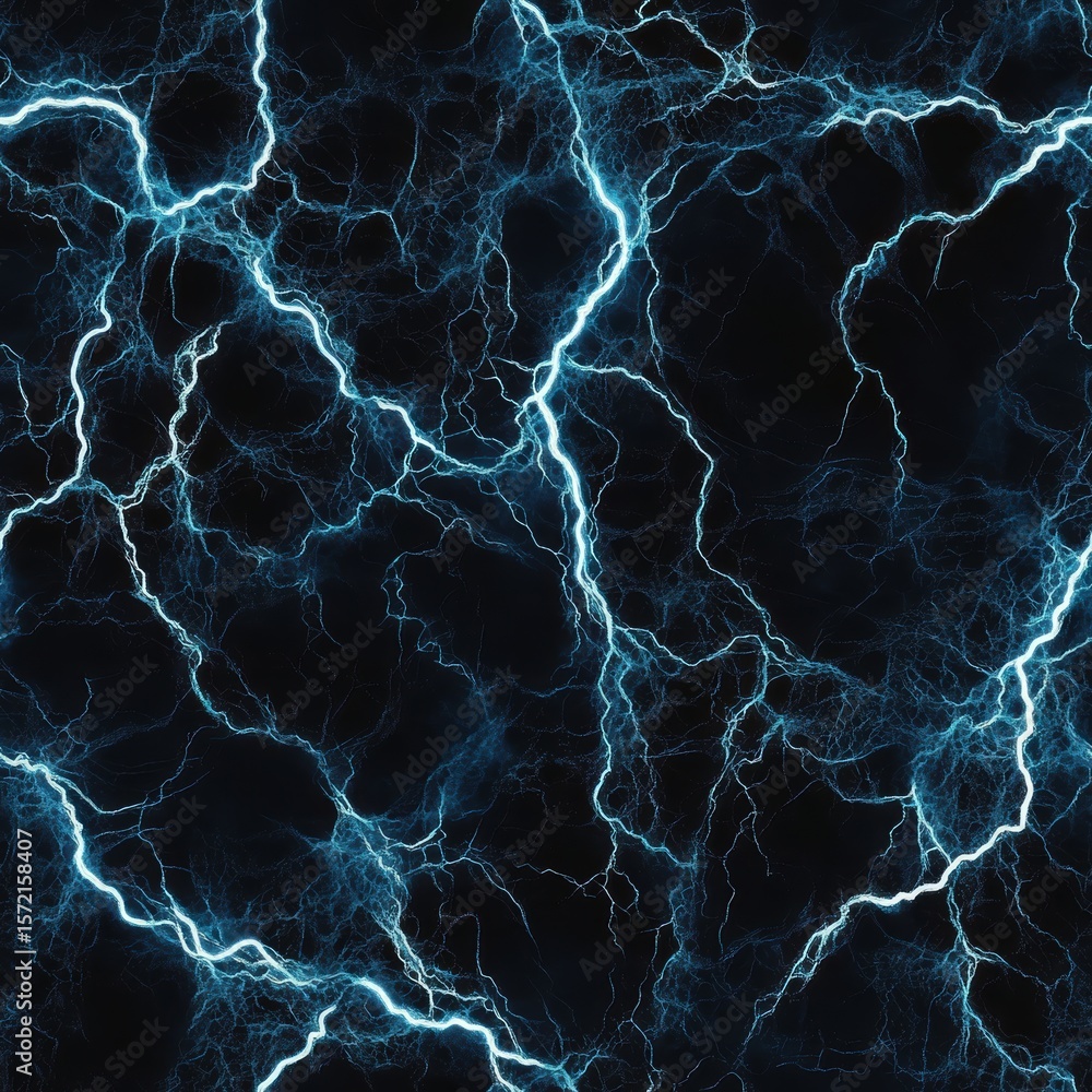 Fototapeta premium Glowing Blue Lichtenberg Figures Seamless Pattern on Dark Background