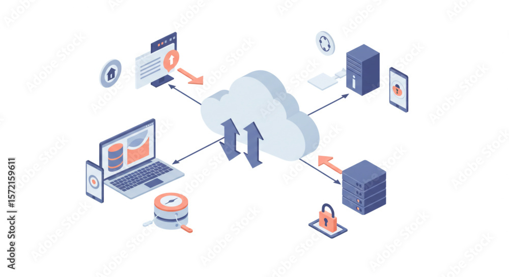 Cloud computing network illustrating data transfer between various devices and servers, secured with encryption. Cloud computing network illustrating data transfer between various devices and servers, secured with encryption.
