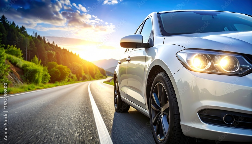 Naklejka premium Silver Car Driving on Scenic Road at Sunset.