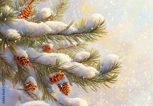 Snow-covered pine branch featuring pine cones, capturing winter's delicate beauty
