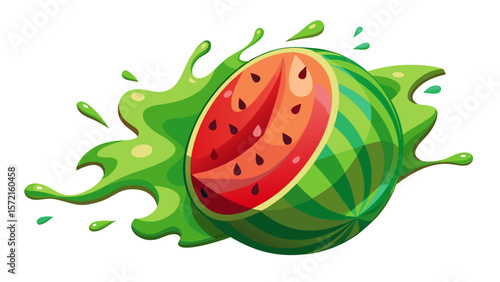 Juicy watermelon slice splashing with green liquid and droplets on black background