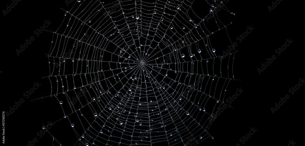 Fototapeta premium Intricate, dew-laden cobweb glistening against a pure black backdrop, fragile, detail