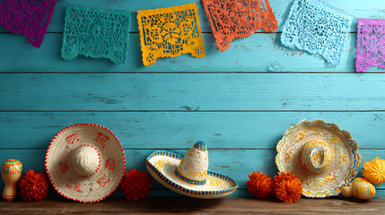 cinco de mayo background, typical mexican decorative elements such as sombreros, maracas, flags, and papel picado flowers are arranged on the edge of the frame, 