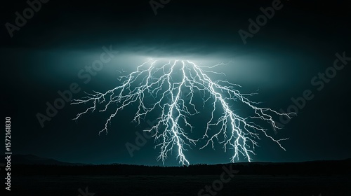 Powerful lightning strikes illuminate a dark night sky.