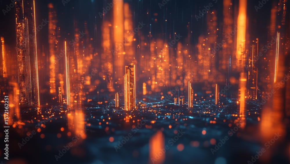 Fototapeta premium Futuristic city skyline with glowing orange structures and digital particles. 