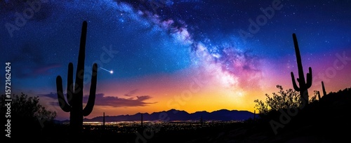 Silhouette cactus under the vibrant Milky Way, starry night sky, looking out over the desert