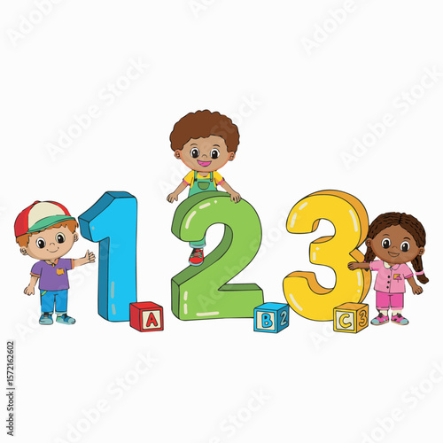 Educational children learning numbers one two three with kids and blocks for preschool math skills and counting