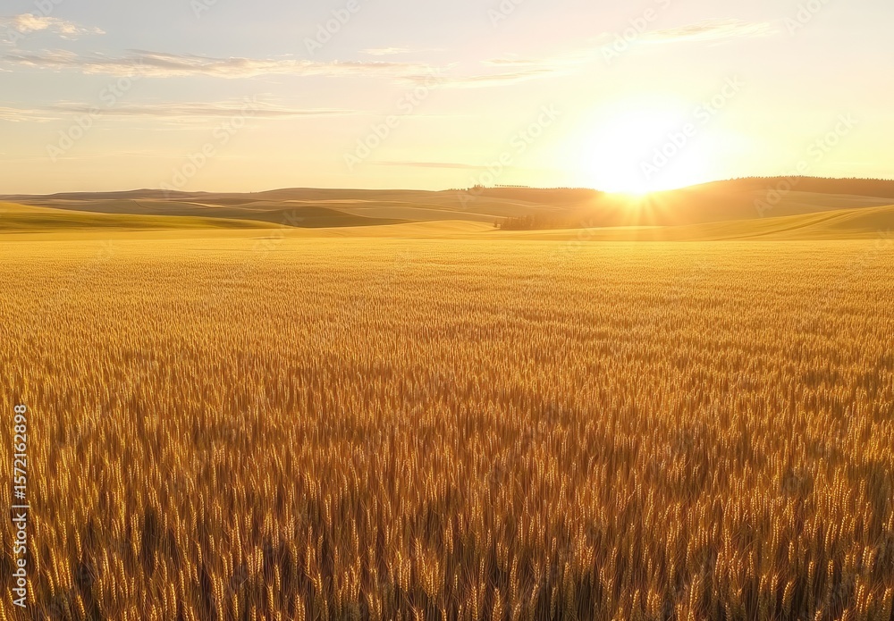 Obraz premium Golden field bathed in sunlight at sunset, rolling hills & vast landscape.