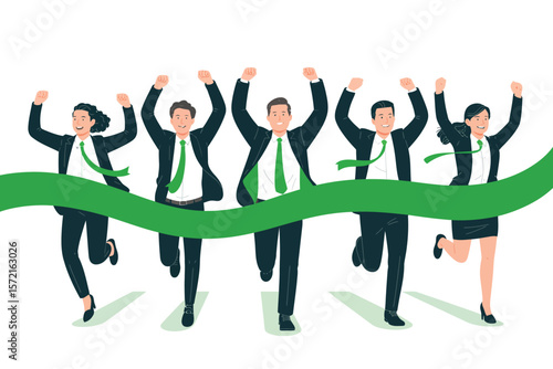 Diverse group of business professionals celebrating crossing the finish line together with arms raised. Vector Image, AI Generated