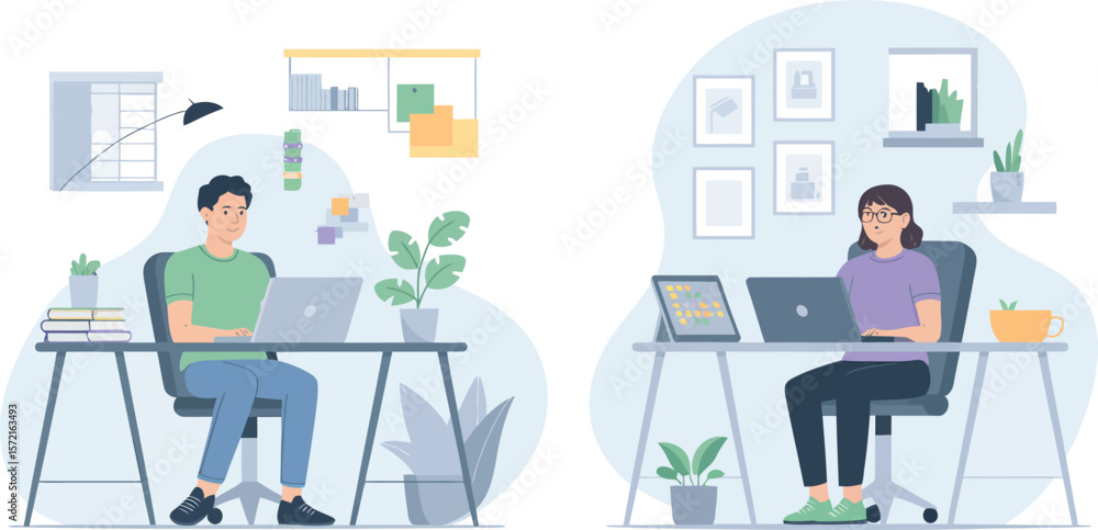 Diverse individuals working remotely from home offices with laptops and plants. Vector Image, AI Generated Diverse individuals working remotely from home offices with laptops and plants. Vector Image, AI Generated