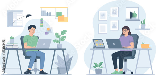 Diverse individuals working remotely from home offices with laptops and plants. Vector Image, AI Generated