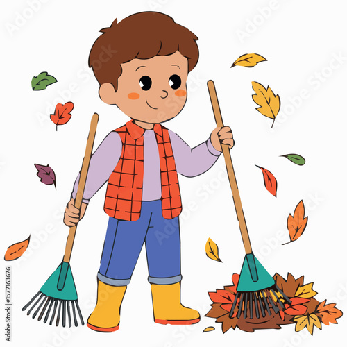Illustration of boy raking leaves in autumn season for kids activity and fall cleaning vector design