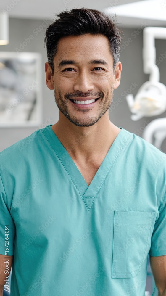Fototapeta premium close-up, Asian male dentist in medical scrubs, dental chair and tools visible in clean clinic background, gentle reassuring smile, clinical lighting, sharp focus