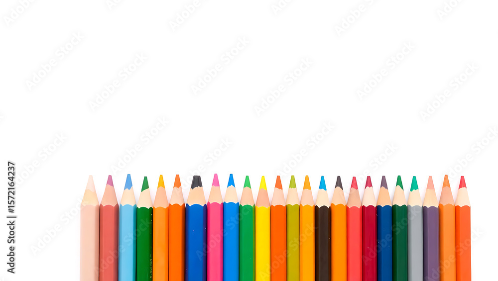 A vibrant row of sharpened colored pencils arranged neatly on a clean white background A vibrant row of sharpened colored pencils arranged neatly on a clean white background