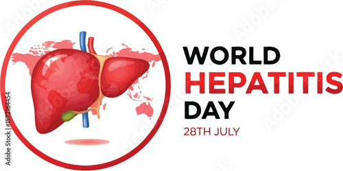 World hepatitis day illustration with liver in a red circle and map background