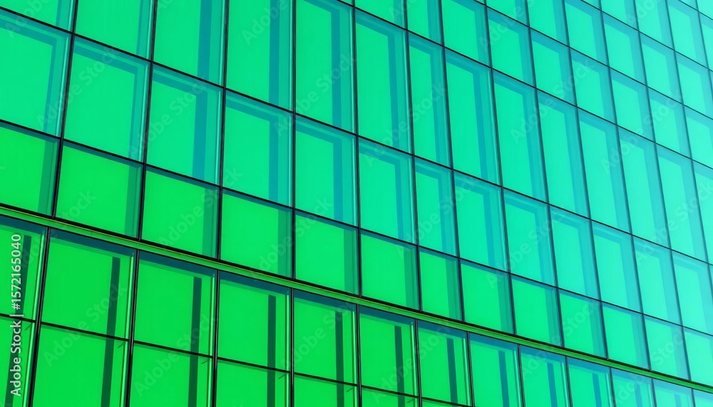 Fototapeta premium Sleek green-tinted glass facade of a modern office building, corporate, urban
