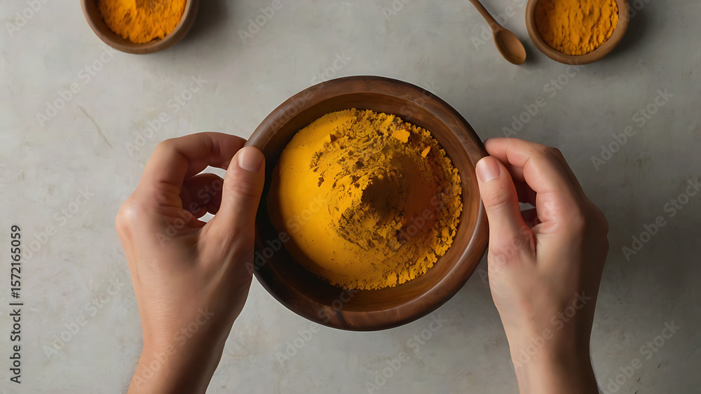 Fototapeta premium Hands holding a wooden bowl filled with vibrant yellow turmeric powder