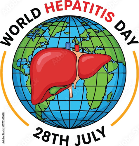 World hepatitis day graphic with liver over globe and date of twenty eighth july