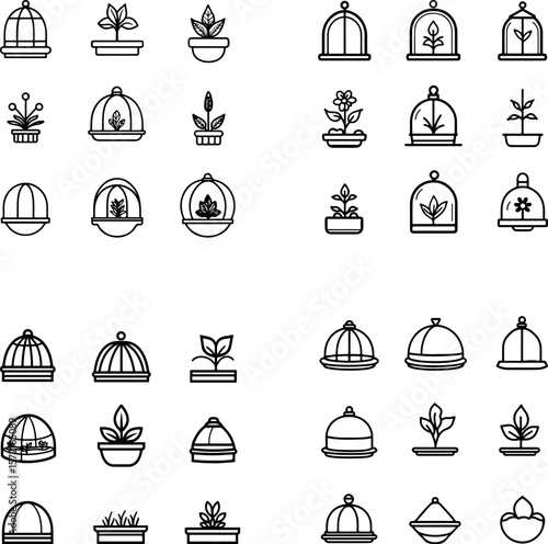 garden cloche icons, plant cloche, garden dome, protective cover, garden bell, greenhouse cloche, frost protection, mini greenhouse, plant protector, garden cover, glass cloche, plastic
