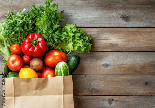 Fresh produce overflowing from a paper bag on a rustic wooden surface.
