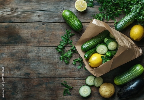 Fresh produce spills from paper bag on rustic wooden table, preparing a healthy meal.