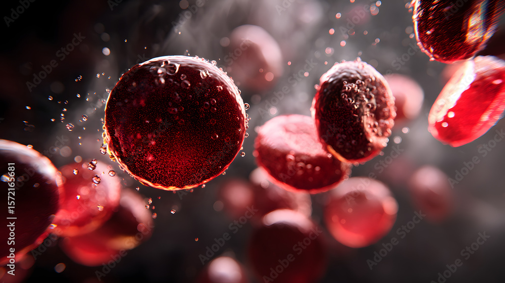 Fototapeta premium Red Blood Cells in Motion: Microscopic view of red blood cells flowing through a vein, captured with vibrant detail and dynamic motion, perfect for medical or science related projects.
