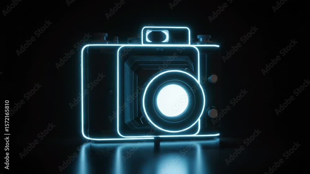Neon Outline of a Camera on Dark Background Neon Outline of a Camera on Dark Background