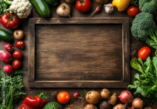 Fresh Vegetables Framing Empty Wooden Board on Table, Perfect for Menu, Recipes.