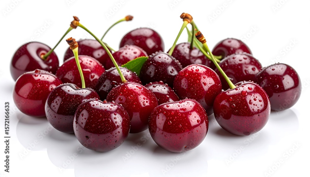 Fresh Cherries with Water Droplets on White Background Fresh Cherries with Water Droplets on White Background
