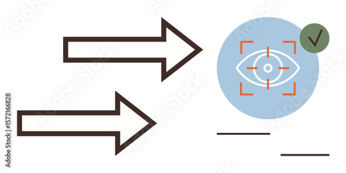 Two arrows suggest movement or flow alongside an eye symbol underlined with crosshairs and a green approval check. Ideal for technology, validation process, data transfer, tracking, analysis