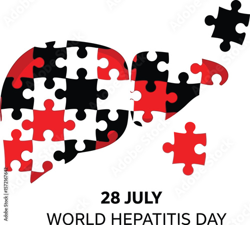 Liver made of puzzle pieces with world hepatitis day text on white background