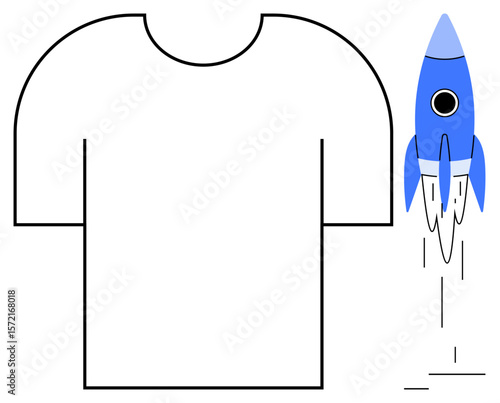 Blank T-shirt outline alongside a vibrant blue rocket taking off. Ideal for creativity, innovation, marketing, branding, entrepreneurship, growth, modern design concepts as a simple flat metaphor
