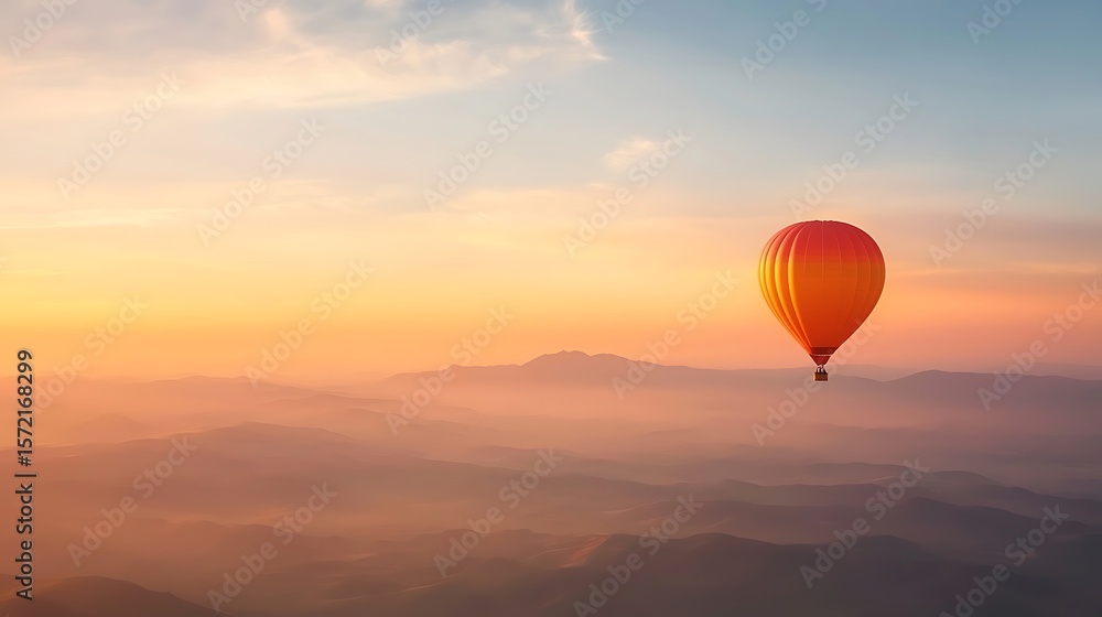 Fototapeta premium Hot Air Balloon Over Misty Mountains at Sunrise