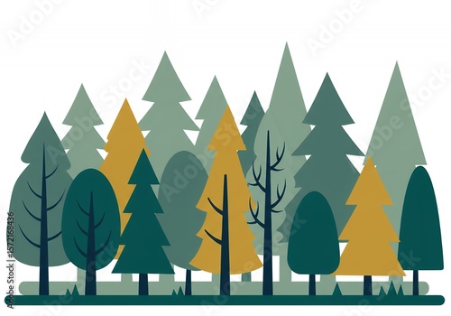 Stylized forest illustration with evergreen and deciduous trees, flat design