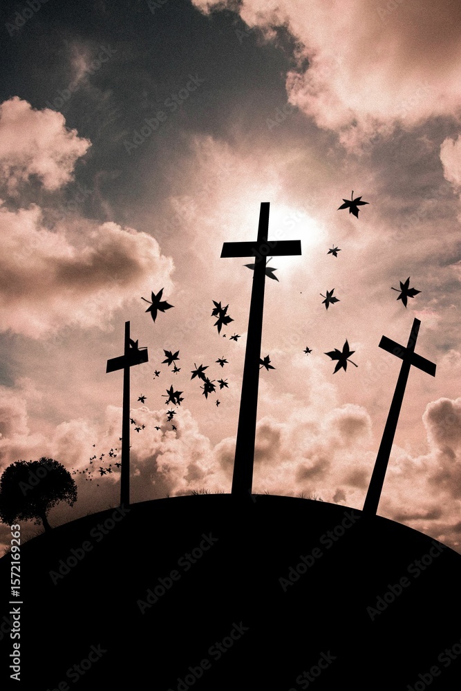 Obraz premium Cross religion symbol shape over sunset sky