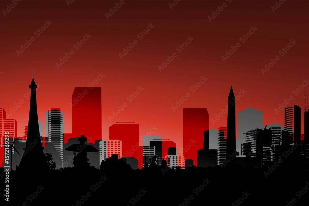 Obraz premium Silhouetted skyline is showing Eiffel tower, fountain, obelisk, towers and trees against sunset sky