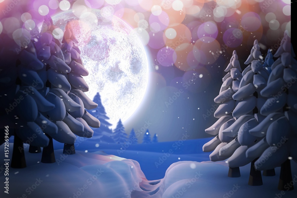 Naklejka premium Full moon is glowing over nighttime flat design with snowy path, evergreens, falling snow and bokeh