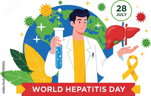 World hepatitis day illustration with doctor and liver on white background