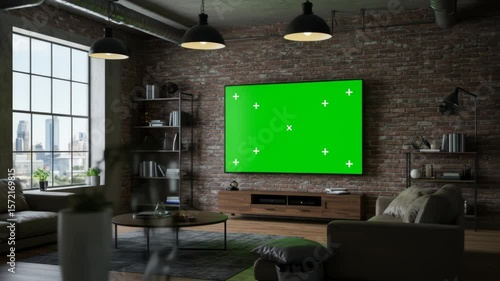 Empty living room with green screen tv mockup