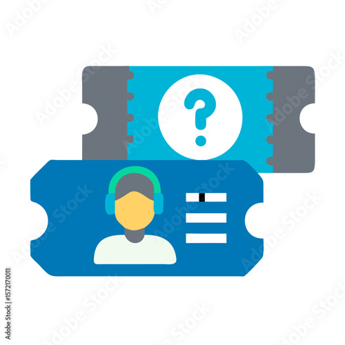Support ticket concept with two tickets showing a help symbol and a support agent, ideal for customer service related visuals.